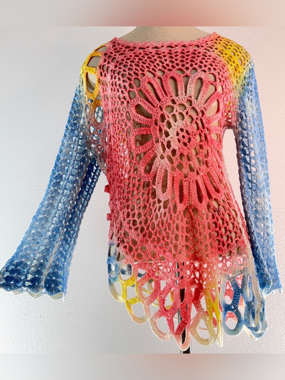 Boston Proper Rainbow Crochet Lace Knit Asymmetric Tunic Top Boho Y2K Festival M